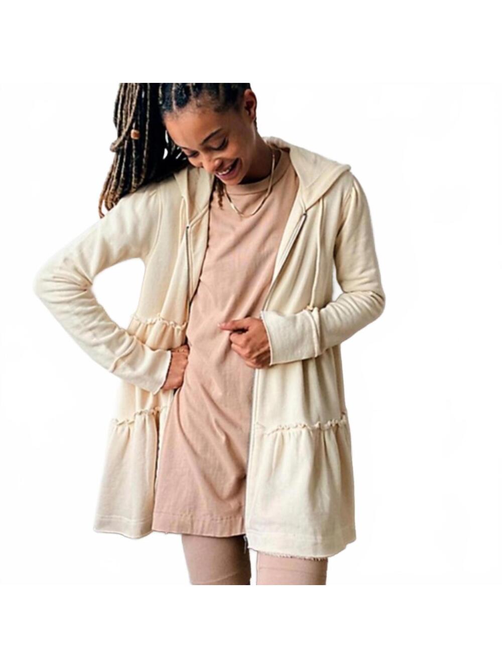 Free People Cream Tiered Trapeze Full Zip Hoodie Sweatshirt Small Bohemian